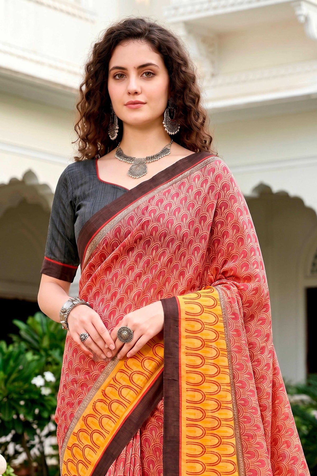 Sangam Prints Brick Red Mustard Cotton Blend Woven Work Traditional Saree | Grocsy