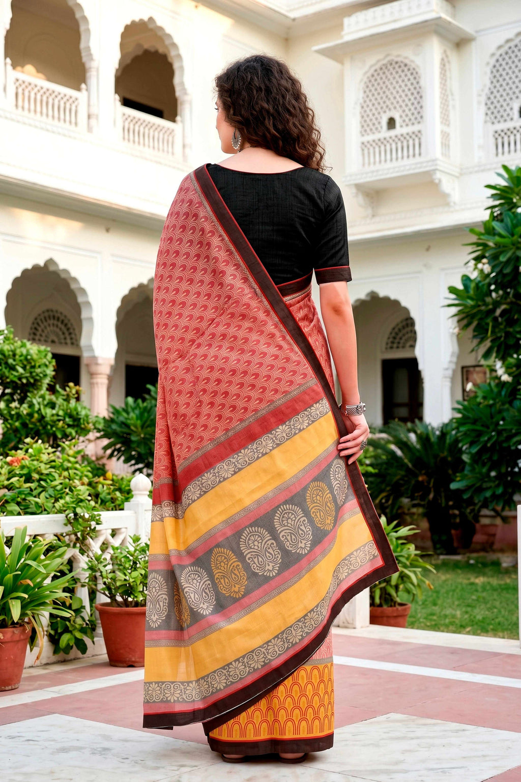 Sangam Prints Brick Red Mustard Cotton Blend Woven Work Traditional Saree | Grocsy
