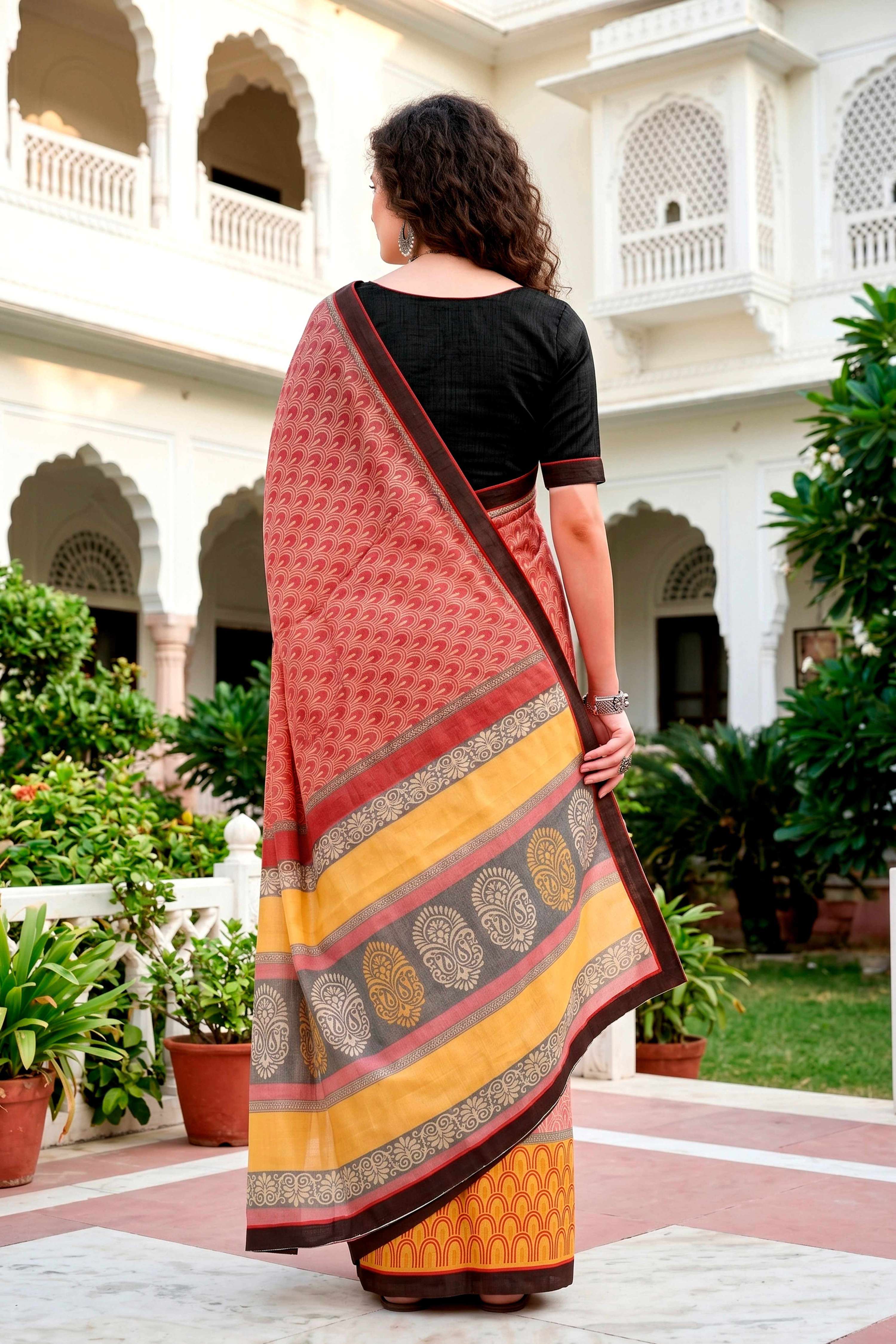 Sangam Prints Brick Red Mustard Cotton Blend Woven Work Traditional Saree | Grocsy