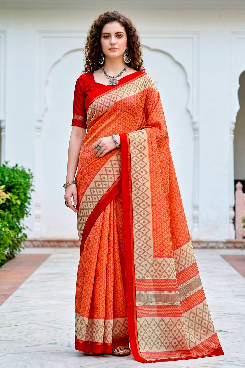 Sangam Prints Bright Orange Cotton Blend Woven Work Traditional Saree | Grocsy