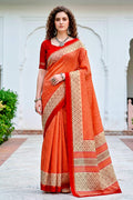 Sangam Prints Bright Orange Cotton Blend Woven Work Traditional Saree | Grocsy