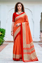 Sangam Prints Bright Orange Cotton Blend Woven Work Traditional Saree | Grocsy