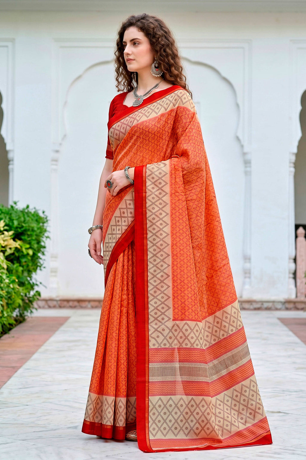 Sangam Prints Bright Orange Cotton Blend Woven Work Traditional Saree | Grocsy