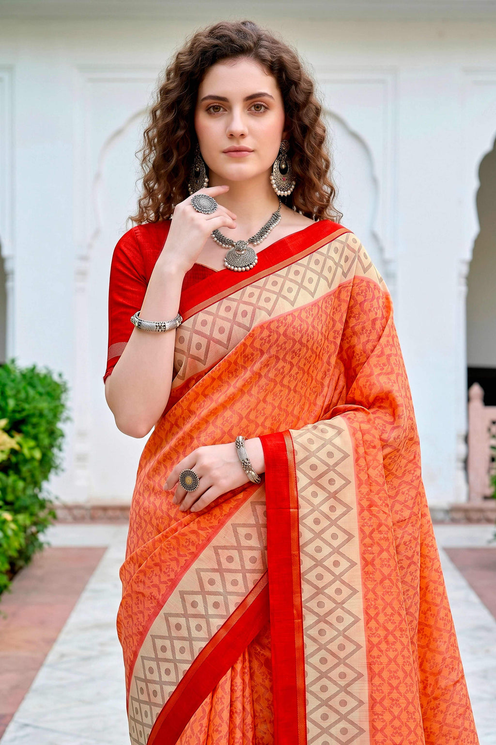 Sangam Prints Bright Orange Cotton Blend Woven Work Traditional Saree | Grocsy