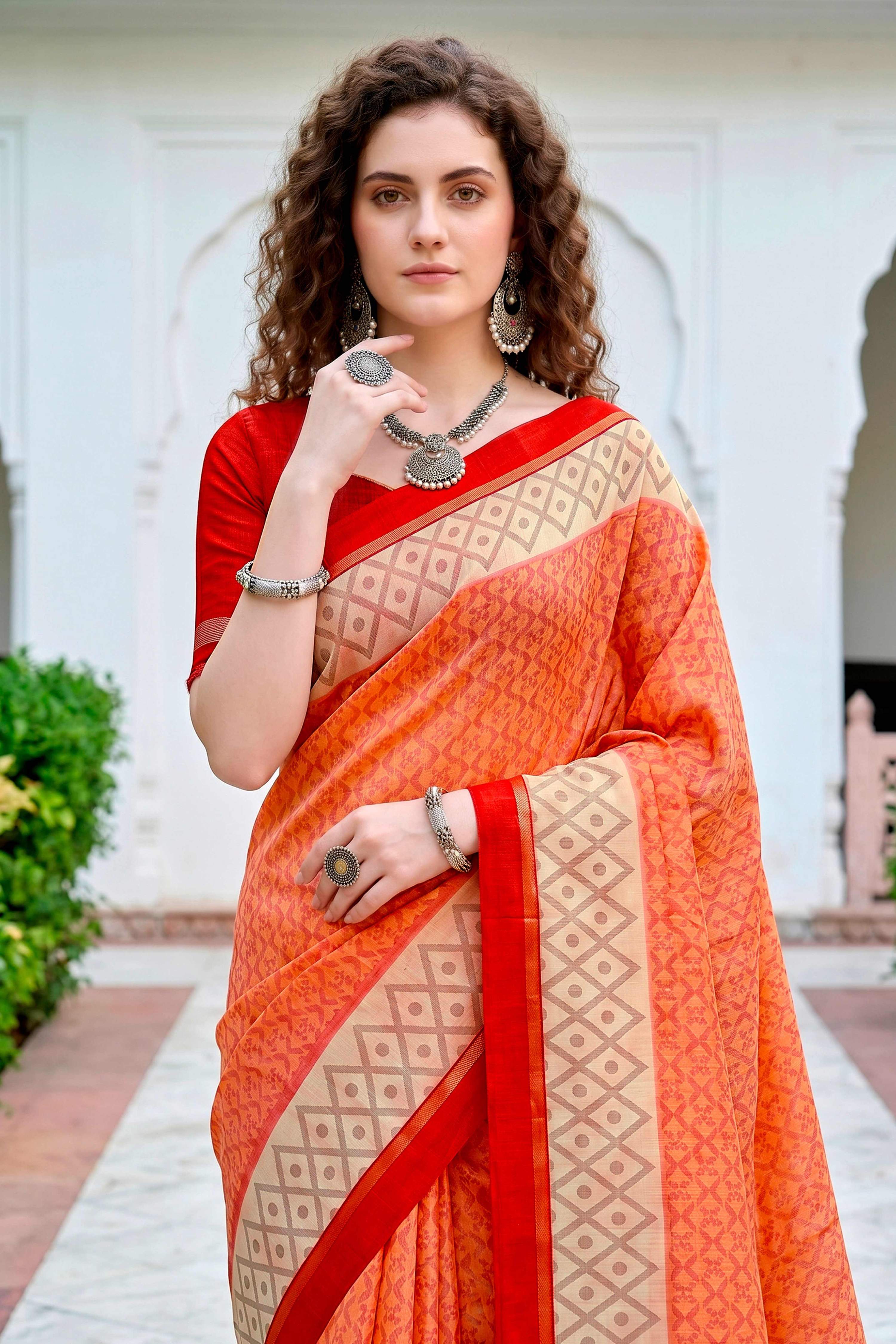 Sangam Prints Bright Orange Cotton Blend Woven Work Traditional Saree | Grocsy