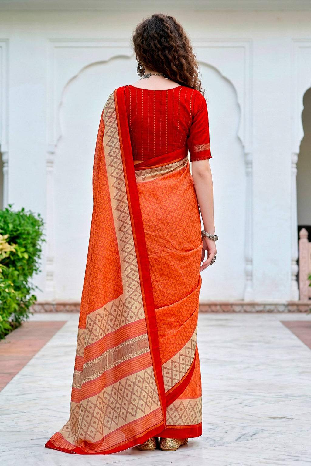 Sangam Prints Bright Orange Cotton Blend Woven Work Traditional Saree | Grocsy