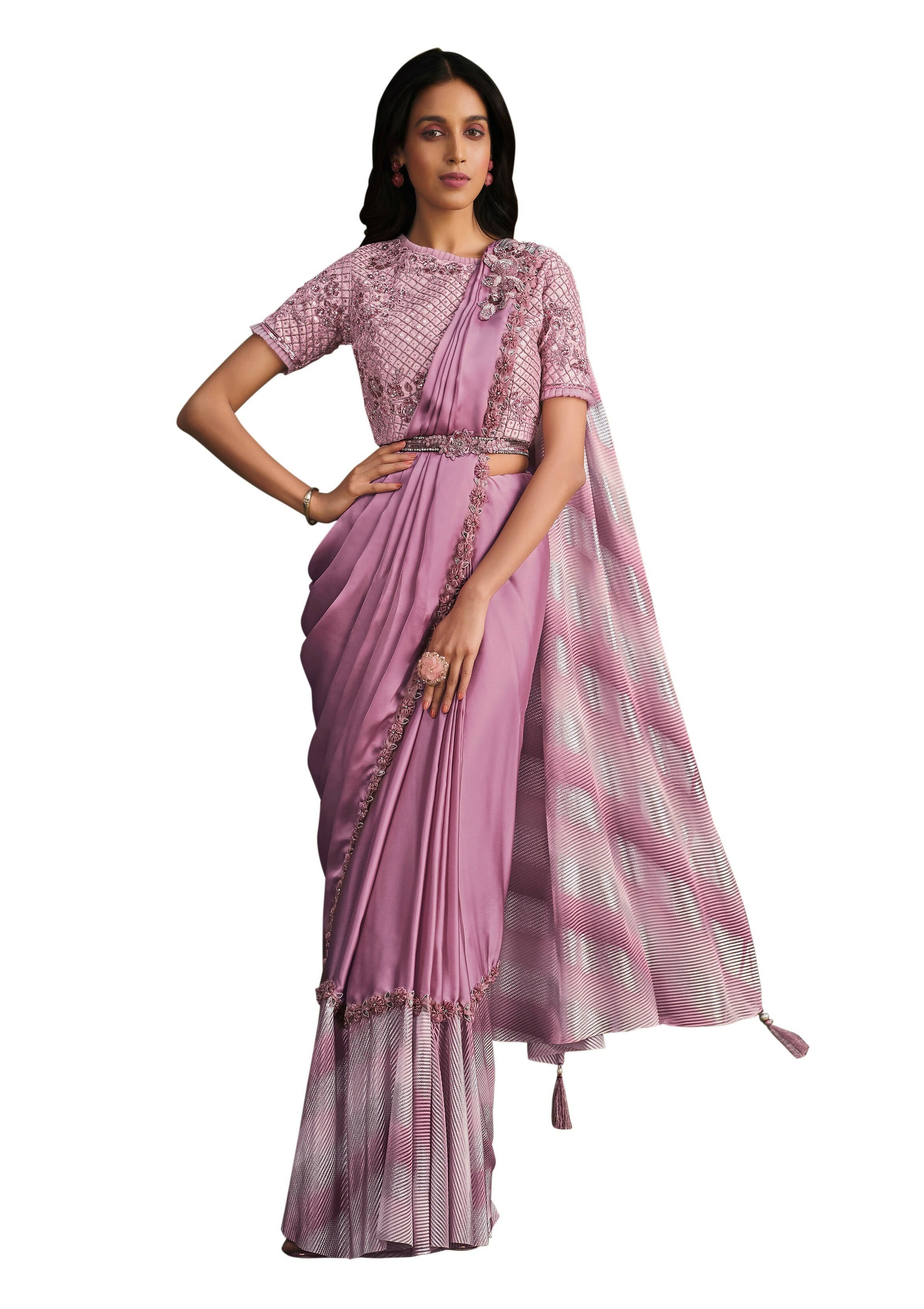 Light Purple Satin Silk Sequence Embroidered Saree With Stitched Blouse - Mohmanthan La Belle | Grocsy