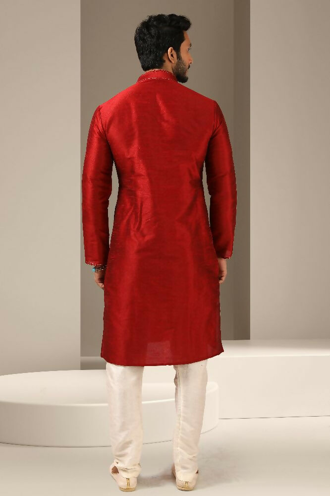 Raivat Ethnic Banarasi Art Silk Thread Work Kurta Pajama In Maroon Colour | Grocsy