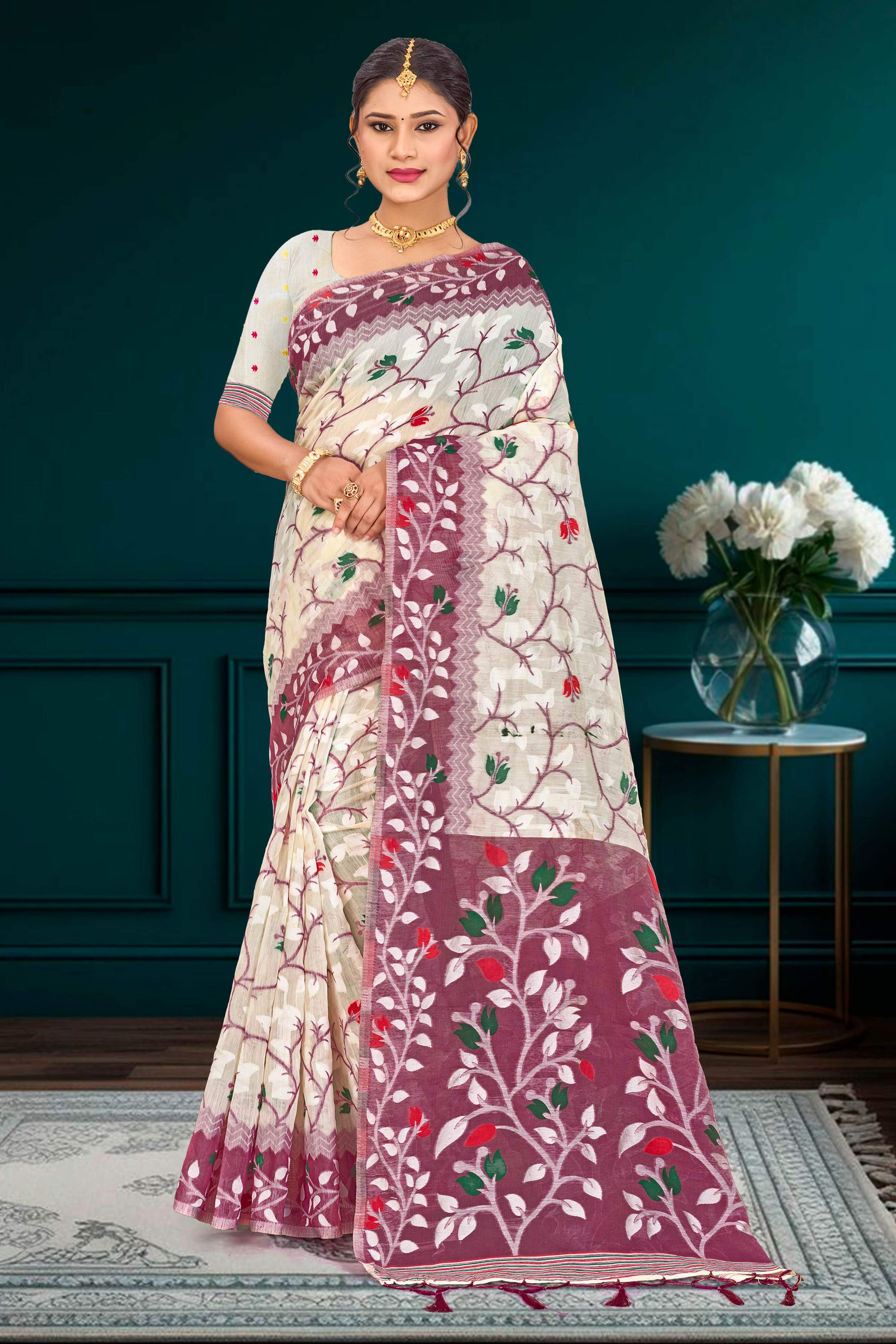 Sangam Prints Purple Cotton Blend Woven Work Traditional Saree | Grocsy