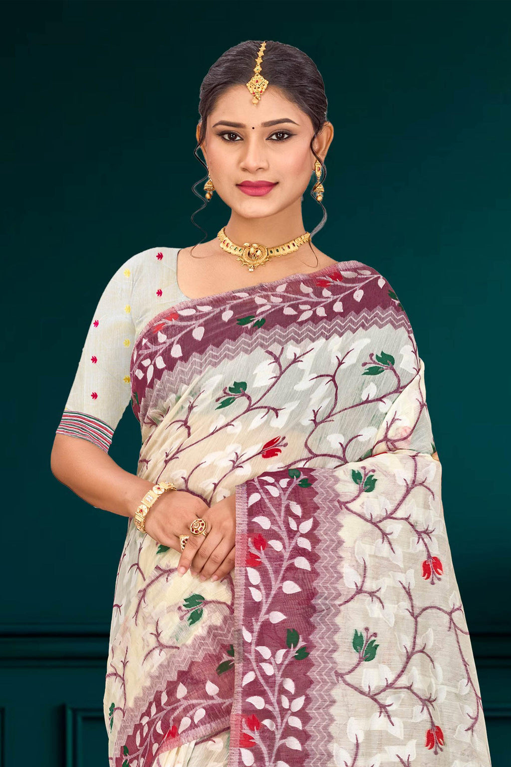 Sangam Prints Purple Cotton Blend Woven Work Traditional Saree | Grocsy