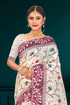 Sangam Prints Purple Cotton Blend Woven Work Traditional Saree | Grocsy