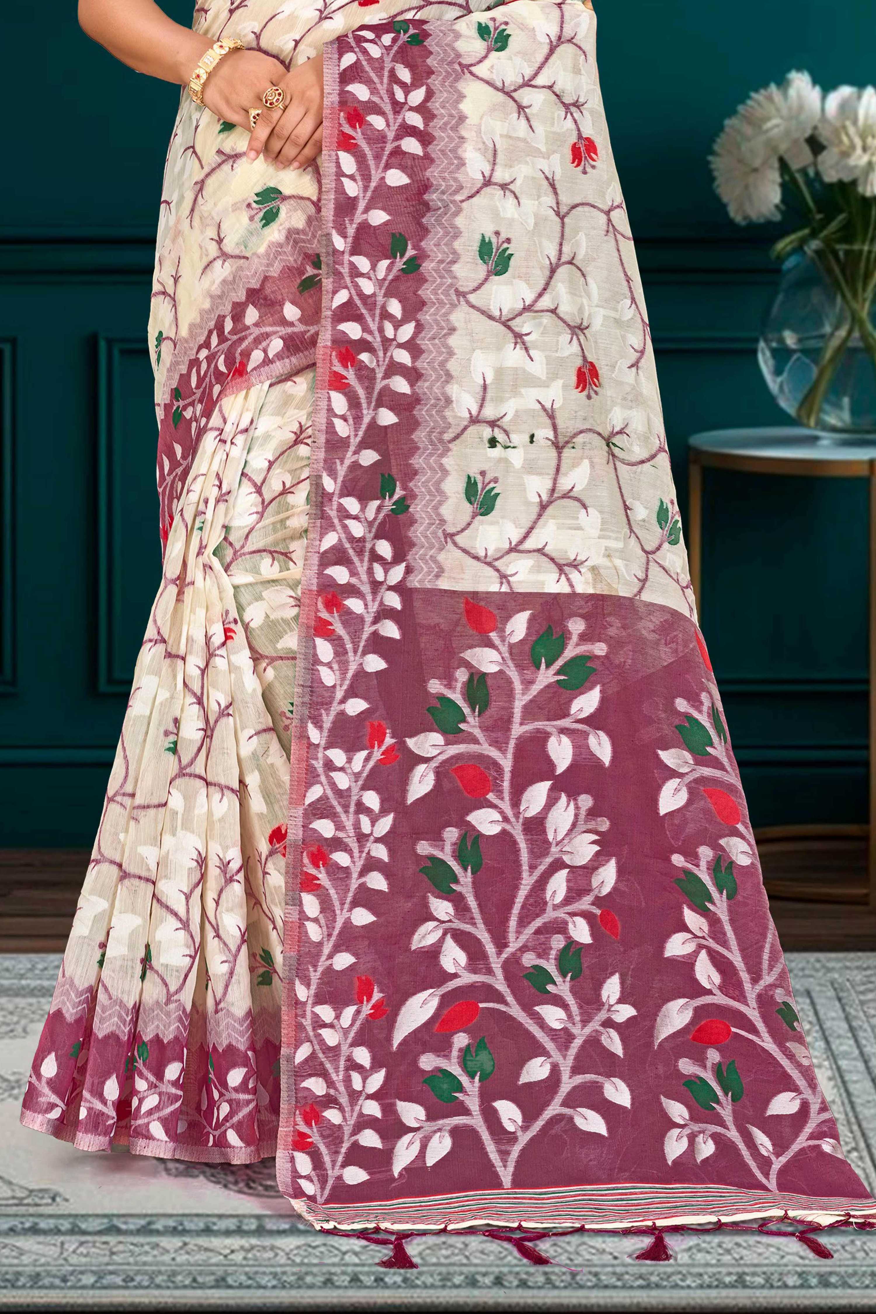 Sangam Prints Purple Cotton Blend Woven Work Traditional Saree | Grocsy