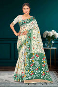 Sangam Prints Dark Green Cotton Blend Woven Work Traditional Saree | Grocsy