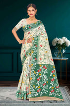 Sangam Prints Dark Green Cotton Blend Woven Work Traditional Saree | Grocsy