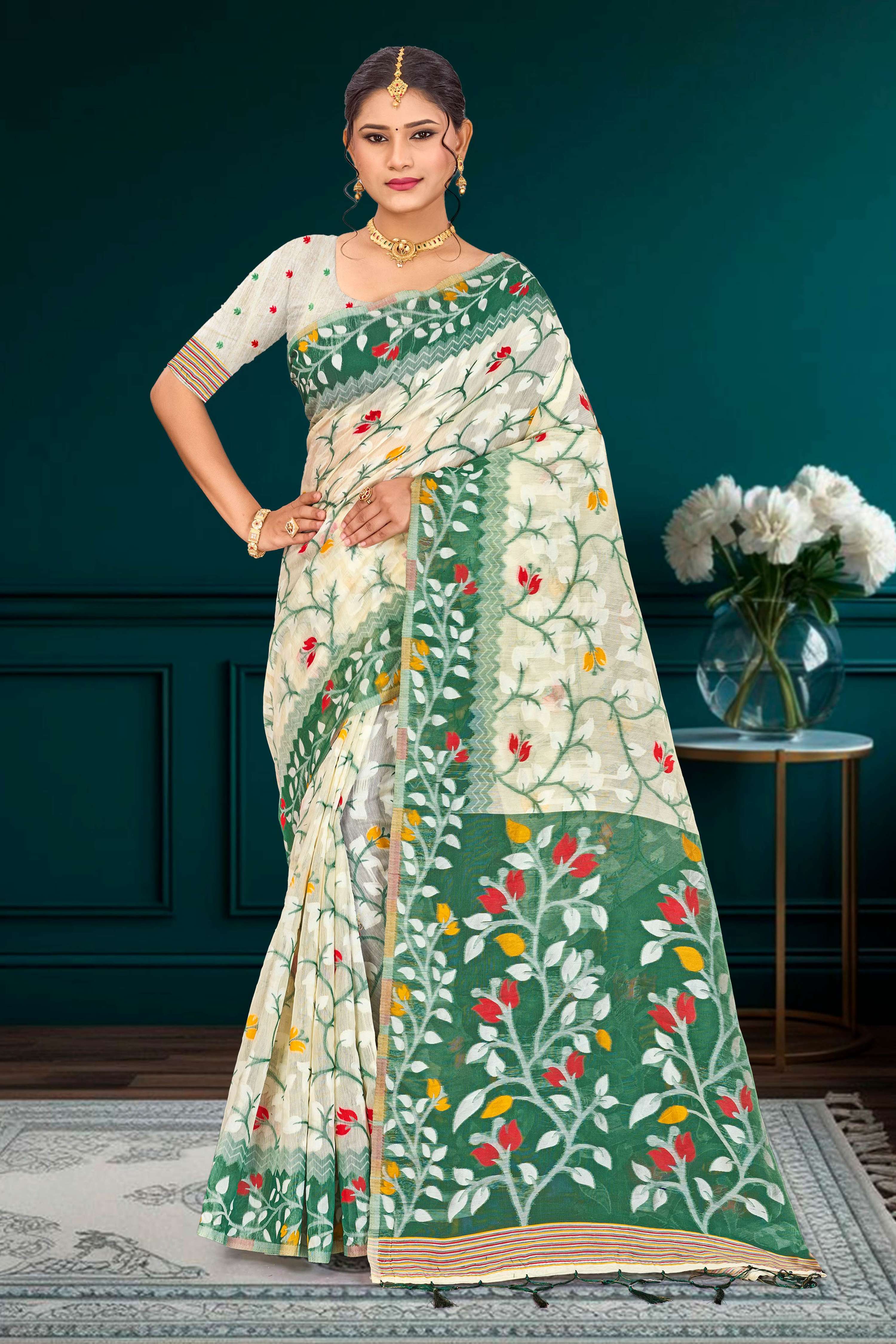 Sangam Prints Dark Green Cotton Blend Woven Work Traditional Saree | Grocsy