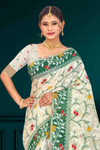 Sangam Prints Dark Green Cotton Blend Woven Work Traditional Saree | Grocsy