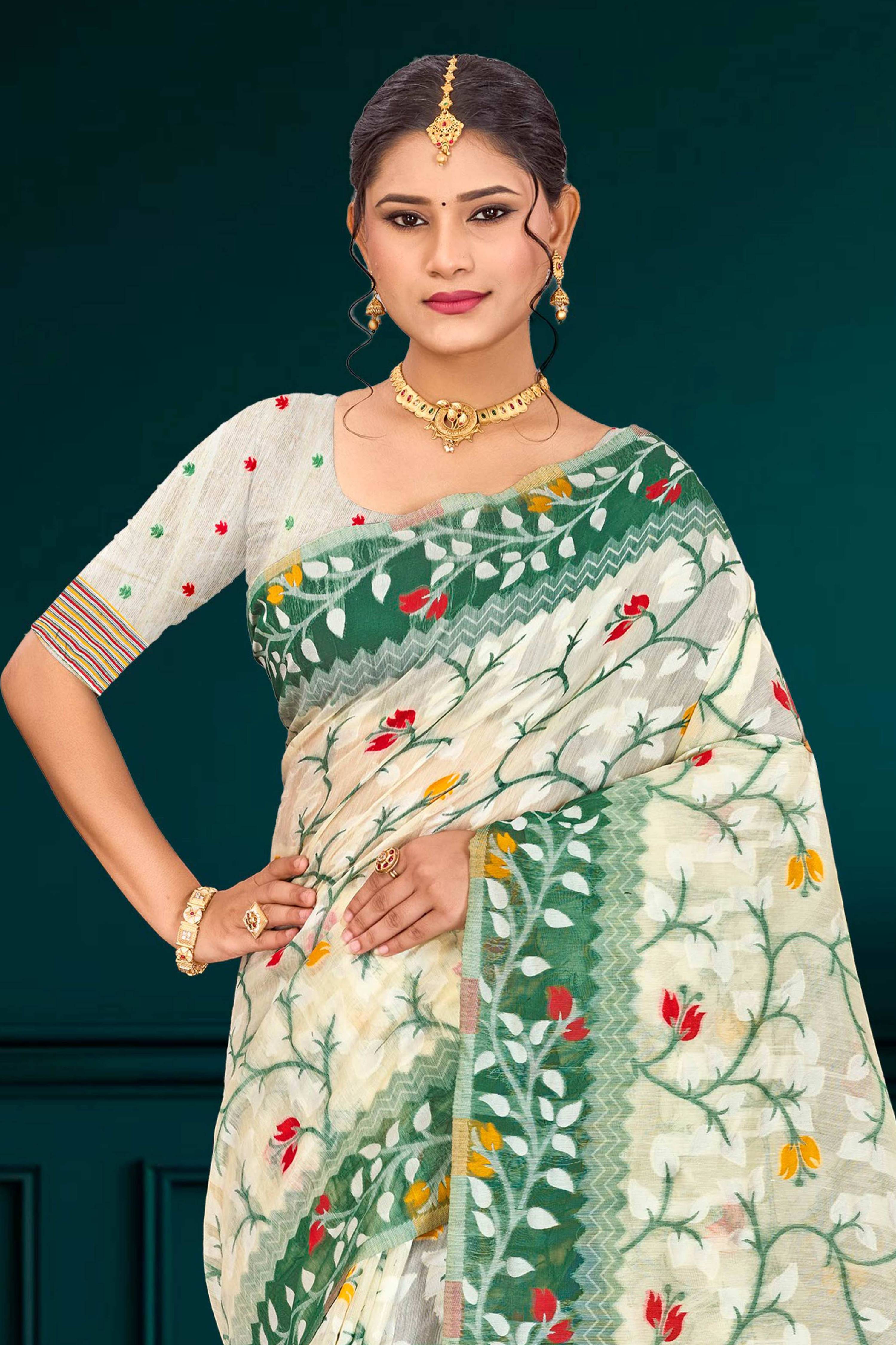 Sangam Prints Dark Green Cotton Blend Woven Work Traditional Saree | Grocsy