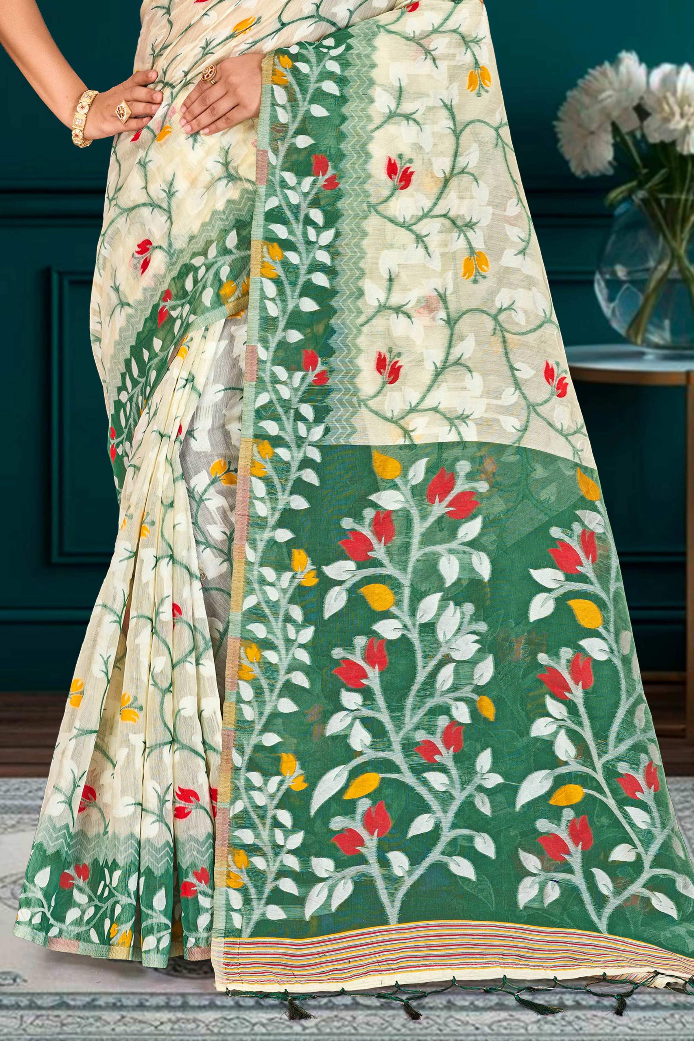 Sangam Prints Dark Green Cotton Blend Woven Work Traditional Saree | Grocsy