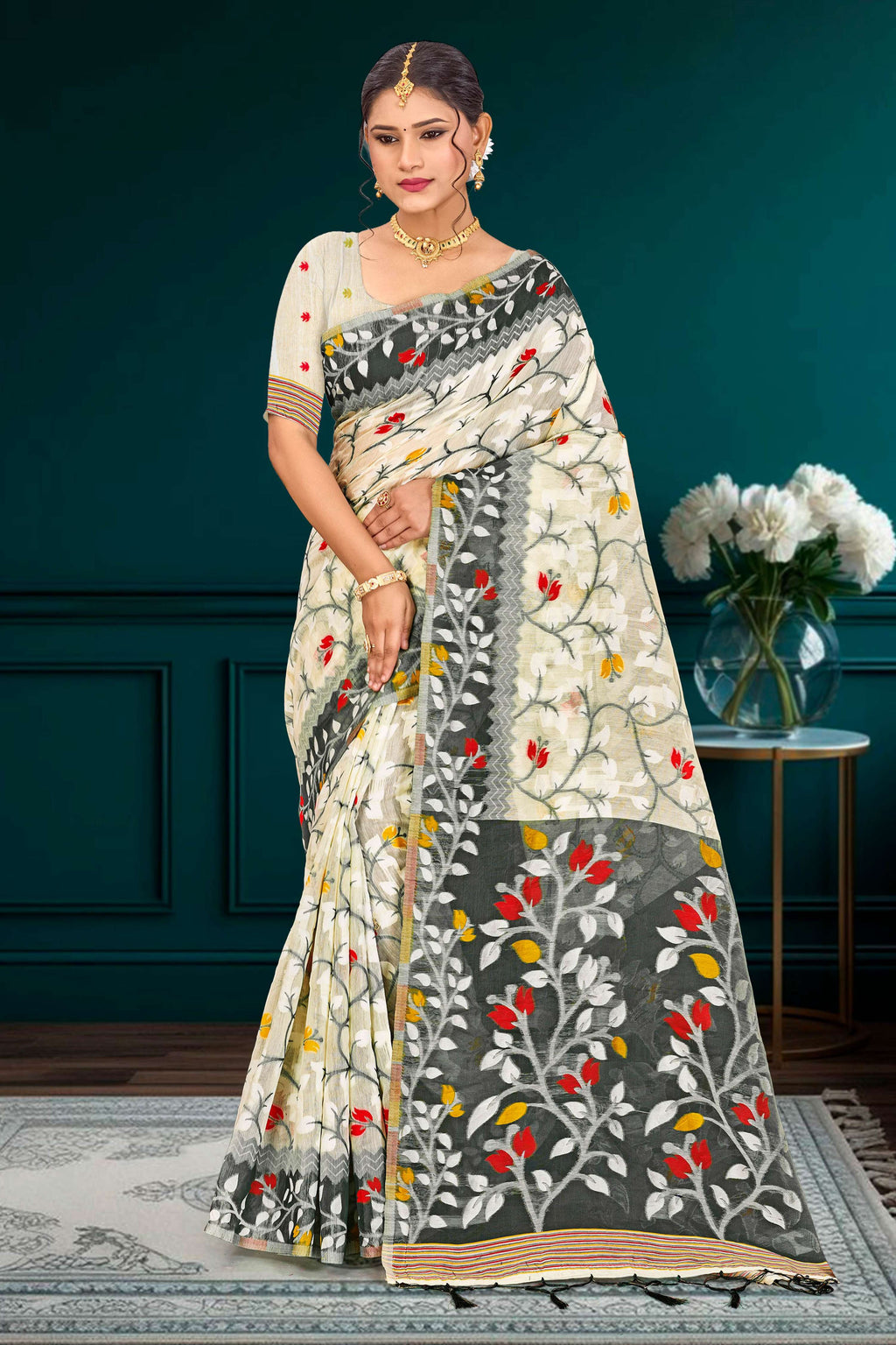 Sangam Prints Gray Cotton Blend Woven Work Traditional Saree | Grocsy