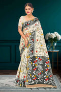 Sangam Prints Gray Cotton Blend Woven Work Traditional Saree | Grocsy