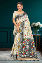 Sangam Prints Gray Cotton Blend Woven Work Traditional Saree | Grocsy