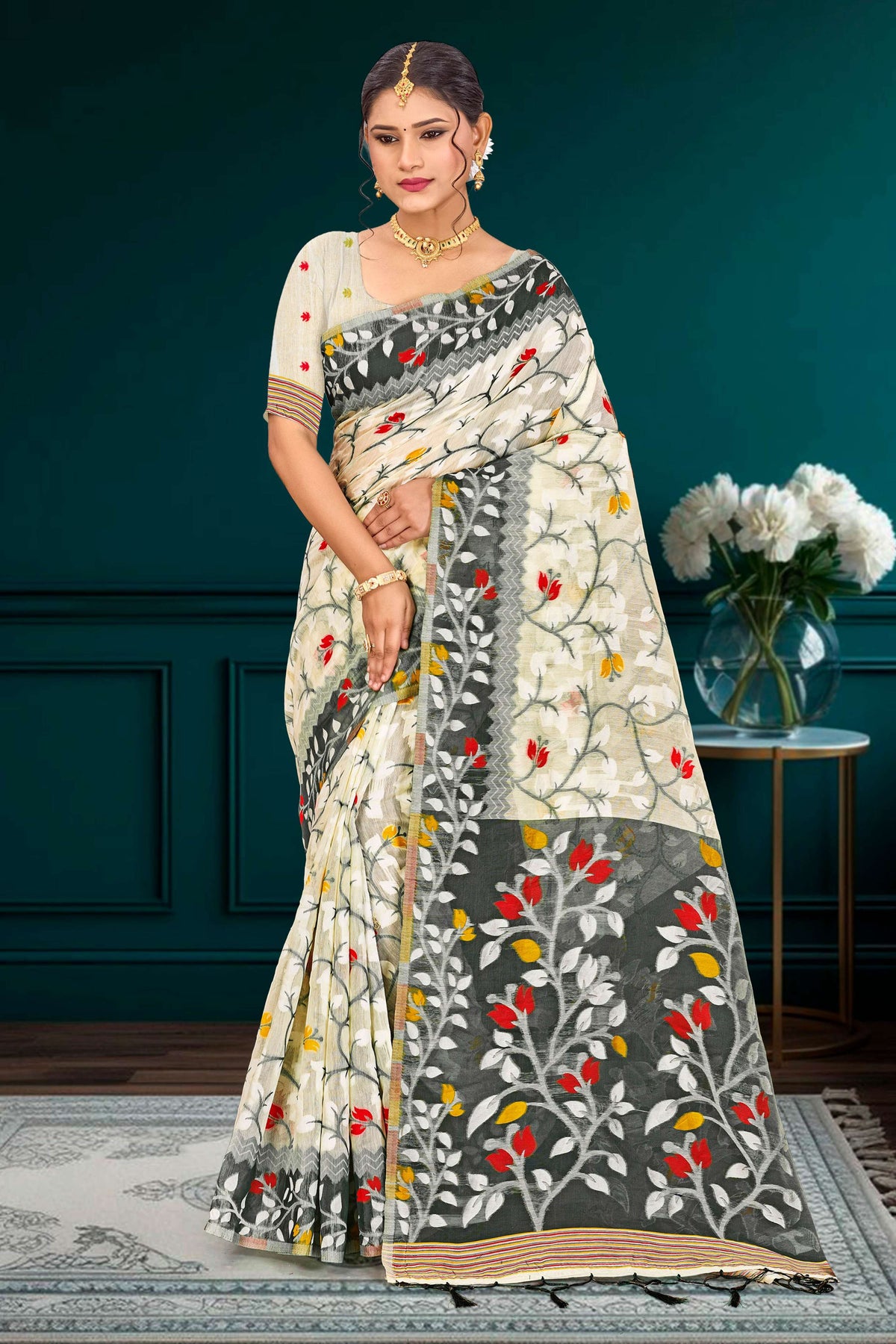 Sangam Prints Gray Cotton Blend Woven Work Traditional Saree | Grocsy