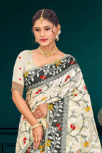 Sangam Prints Gray Cotton Blend Woven Work Traditional Saree | Grocsy