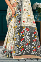 Sangam Prints Gray Cotton Blend Woven Work Traditional Saree | Grocsy