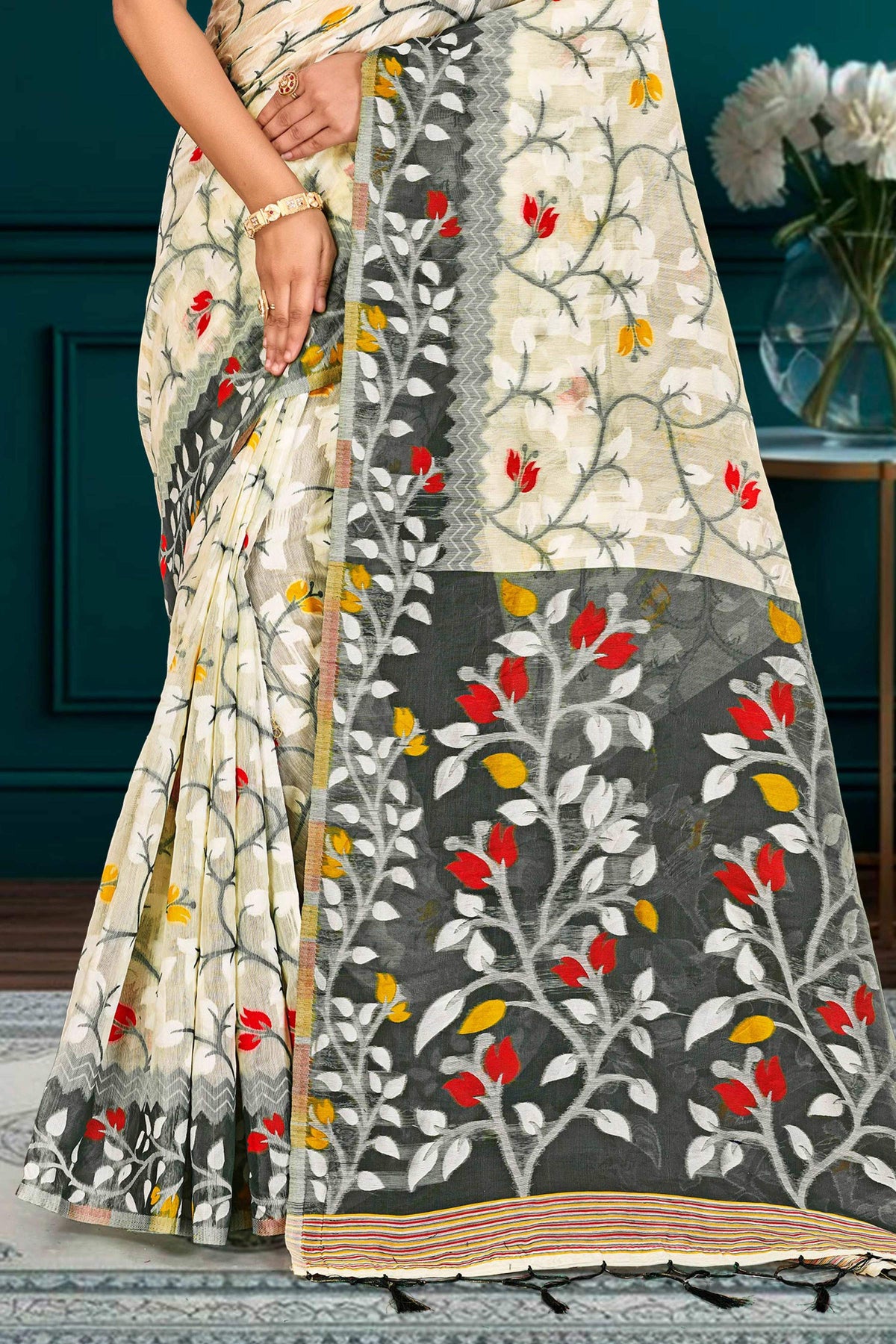 Sangam Prints Gray Cotton Blend Woven Work Traditional Saree | Grocsy