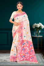 Sangam Prints Pink Cotton Blend Woven Work Traditional Saree | Grocsy