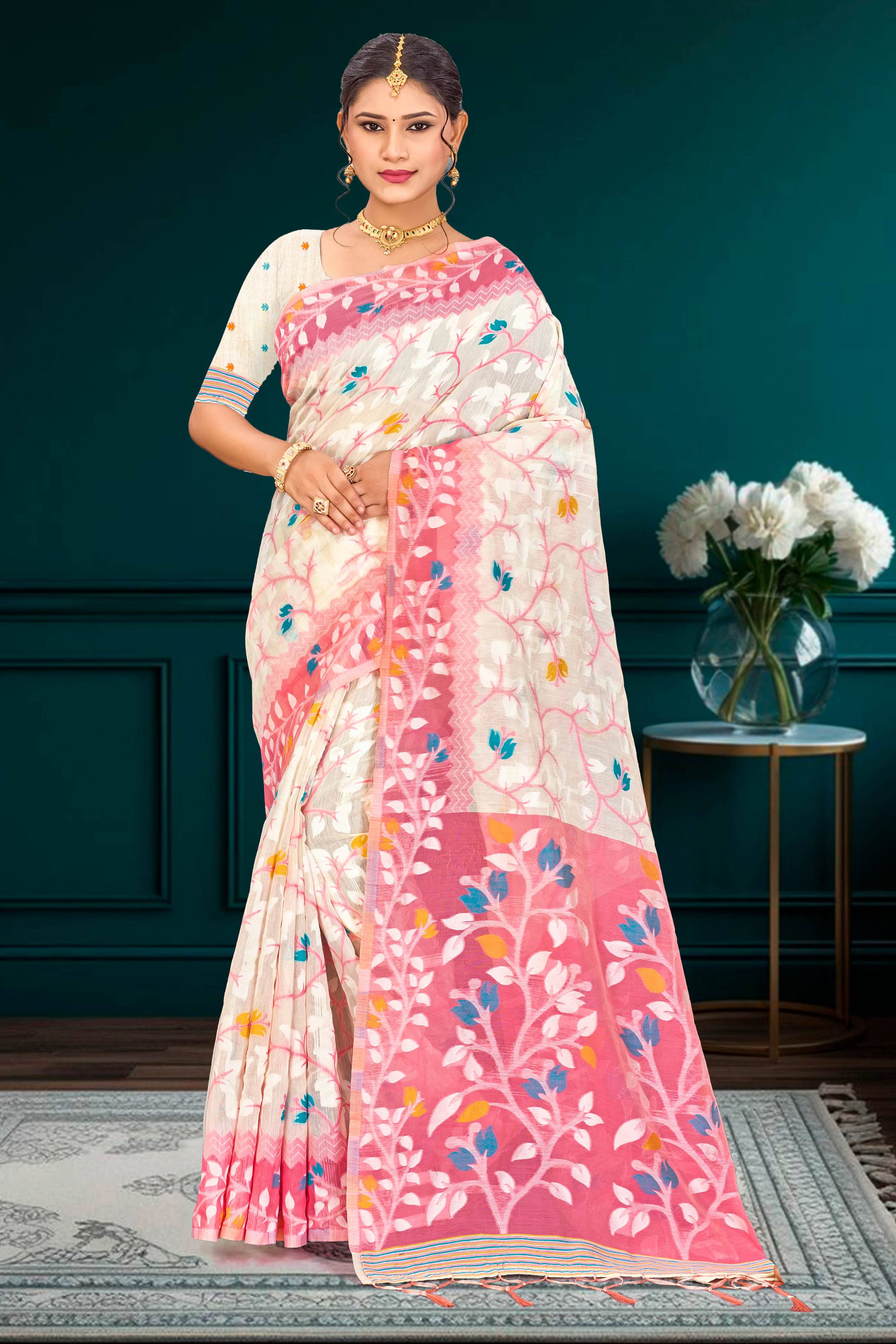 Sangam Prints Pink Cotton Blend Woven Work Traditional Saree | Grocsy