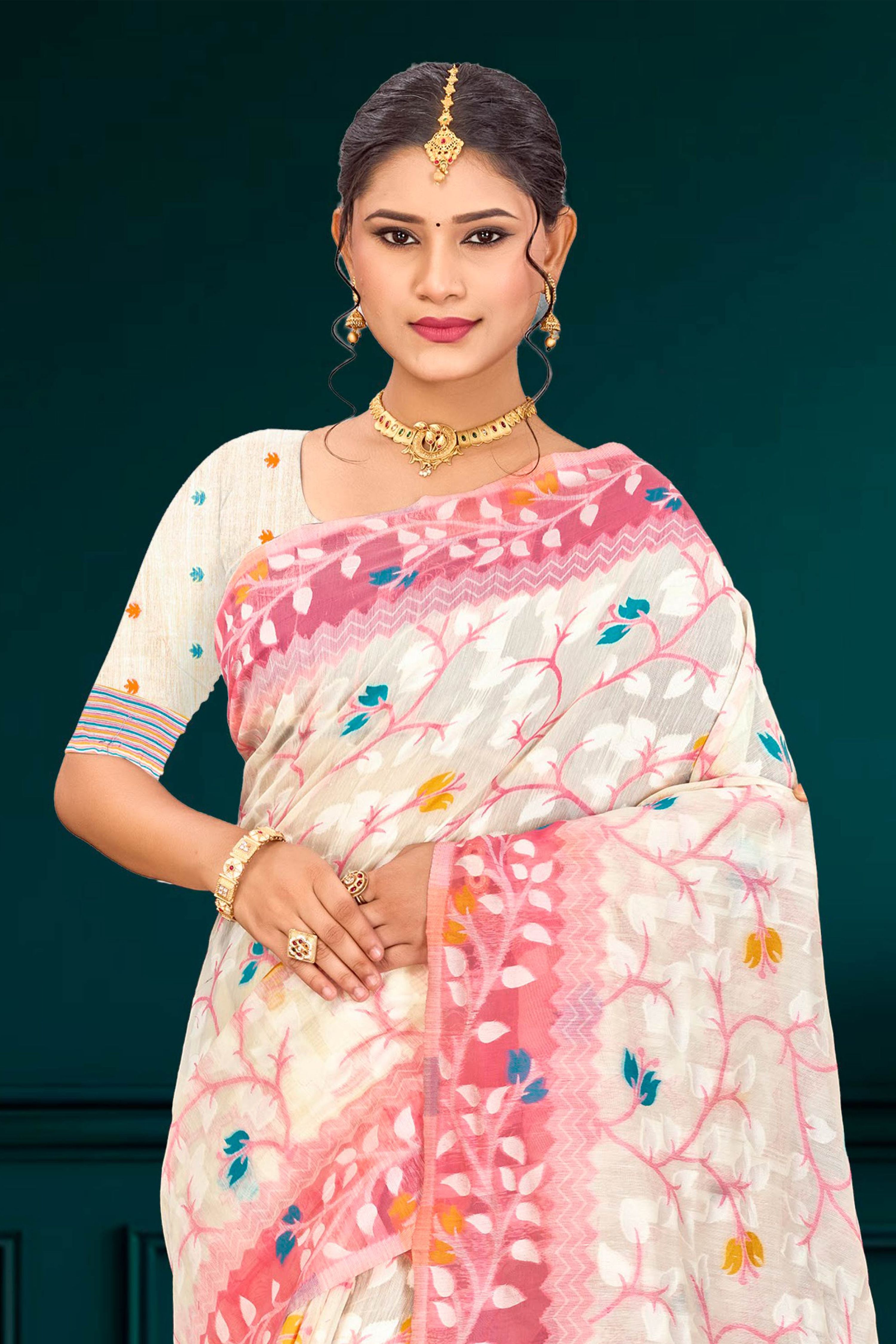 Sangam Prints Pink Cotton Blend Woven Work Traditional Saree | Grocsy