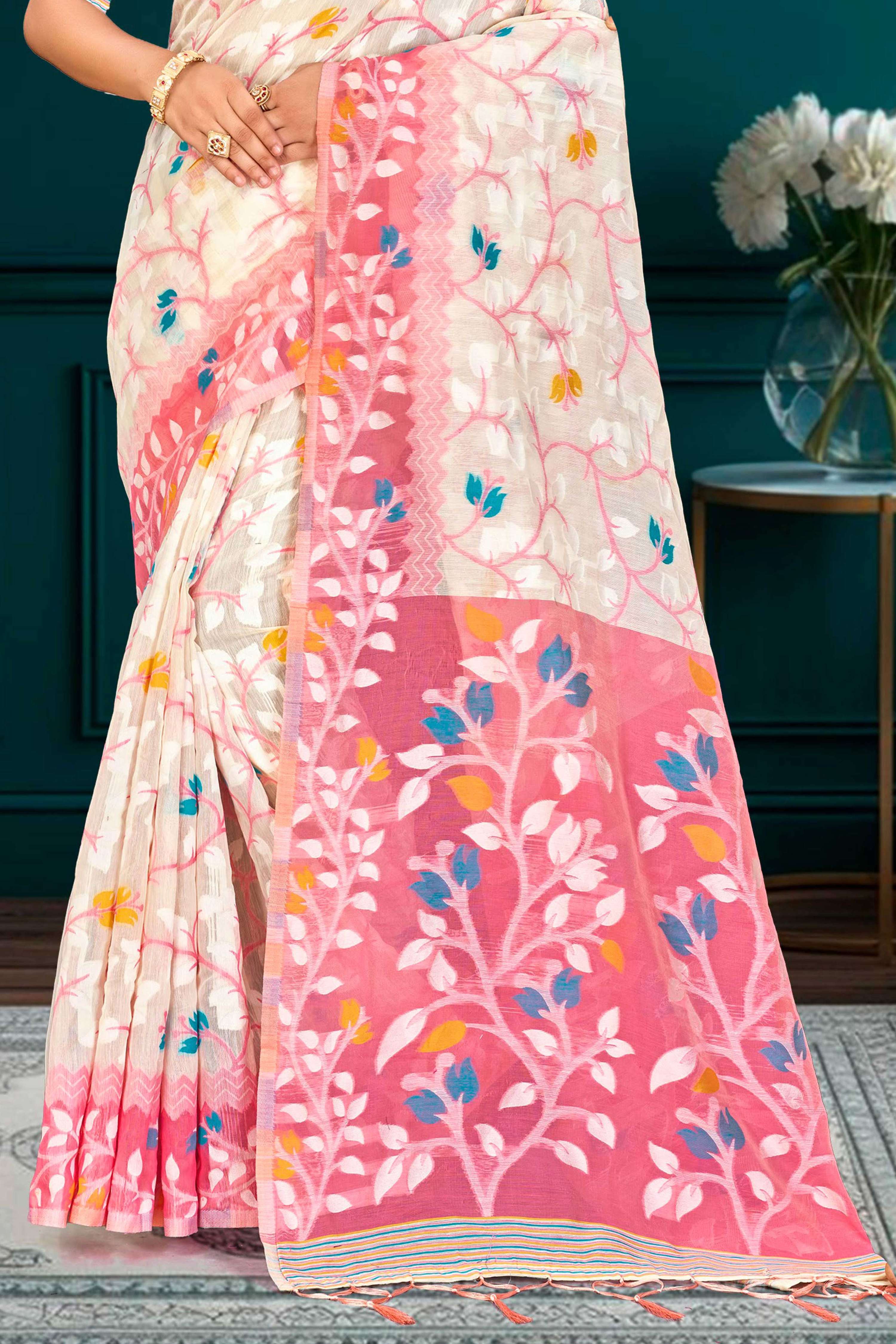 Sangam Prints Pink Cotton Blend Woven Work Traditional Saree | Grocsy