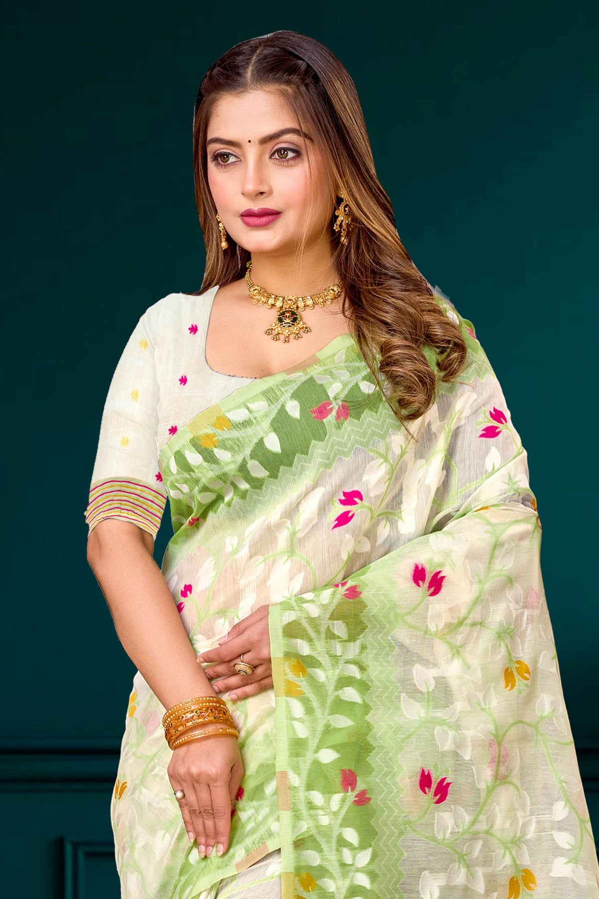 Sangam Prints Green Cotton Blend Woven Work Traditional Saree | Grocsy