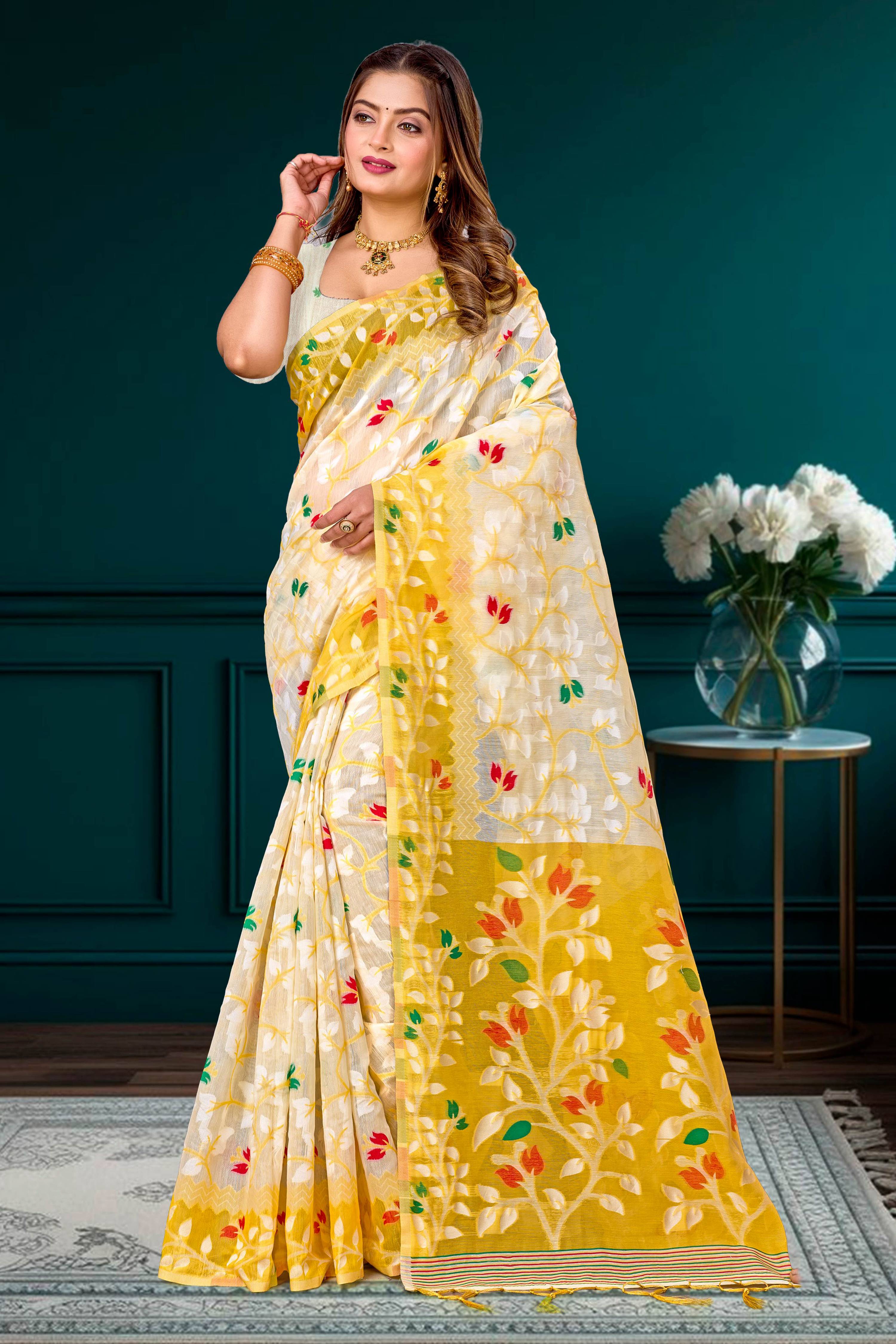 Sangam Prints Yellow Cotton Blend Woven Work Traditional Saree | Grocsy