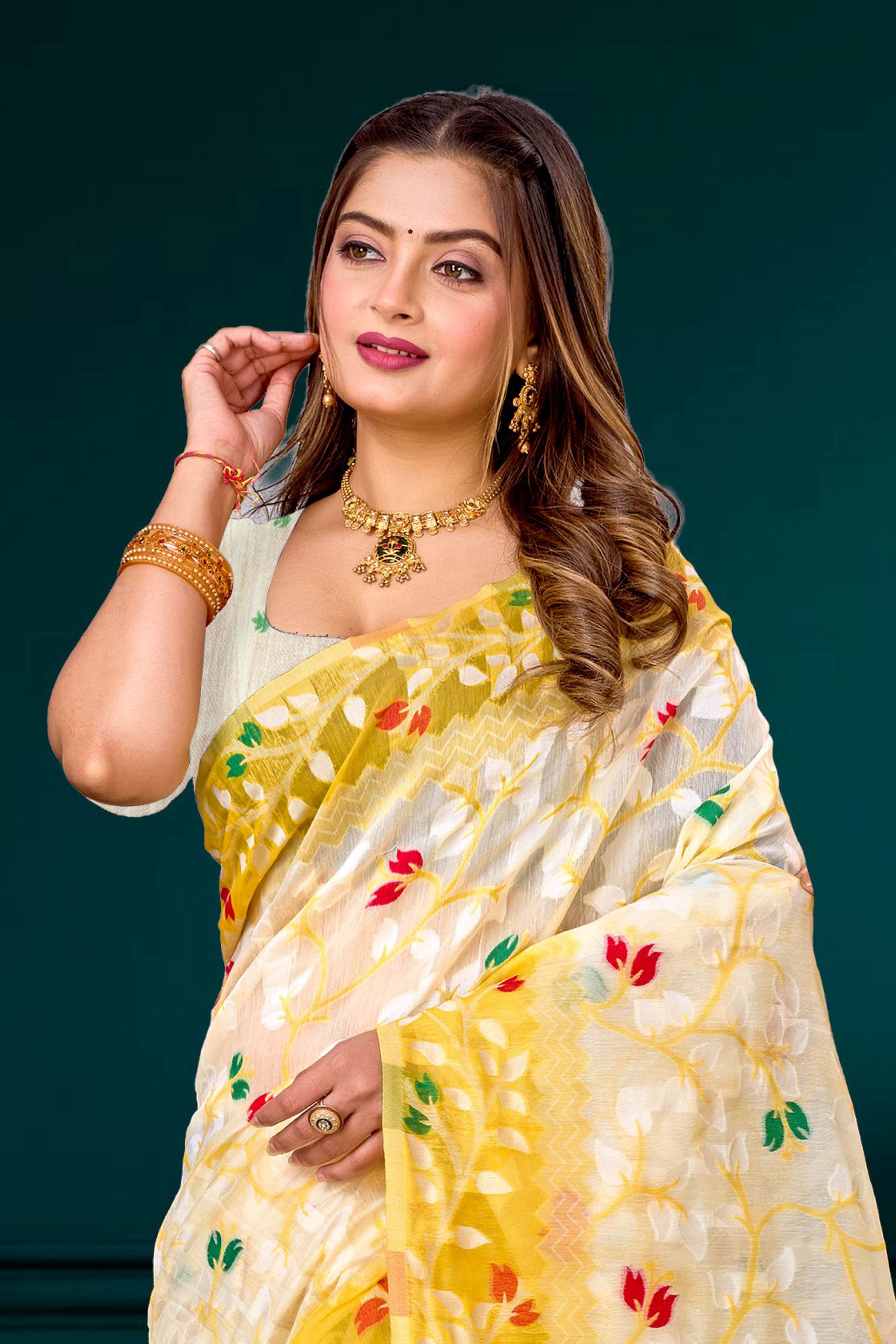 Sangam Prints Yellow Cotton Blend Woven Work Traditional Saree | Grocsy
