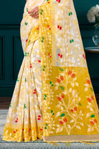 Sangam Prints Yellow Cotton Blend Woven Work Traditional Saree | Grocsy