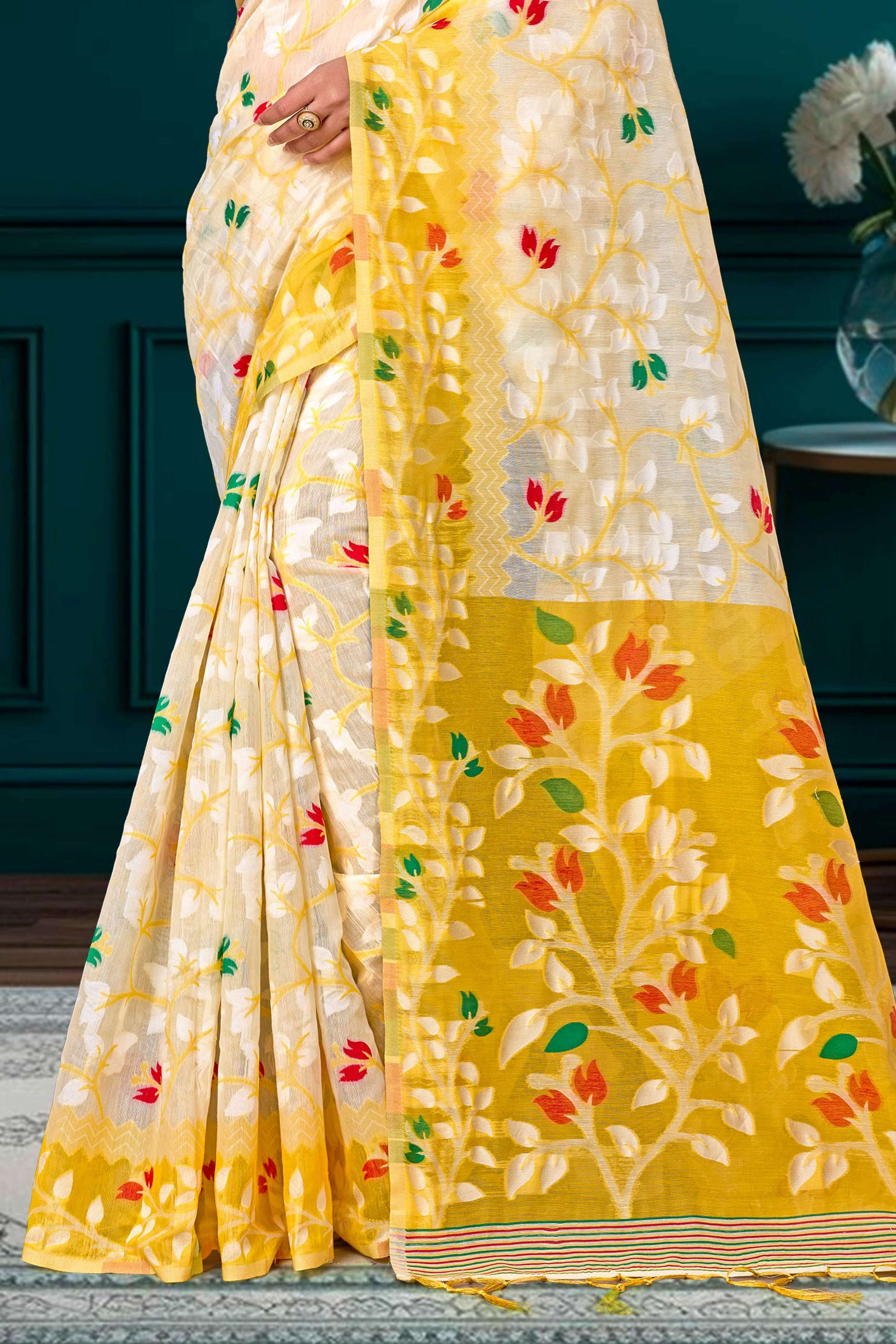 Sangam Prints Yellow Cotton Blend Woven Work Traditional Saree | Grocsy