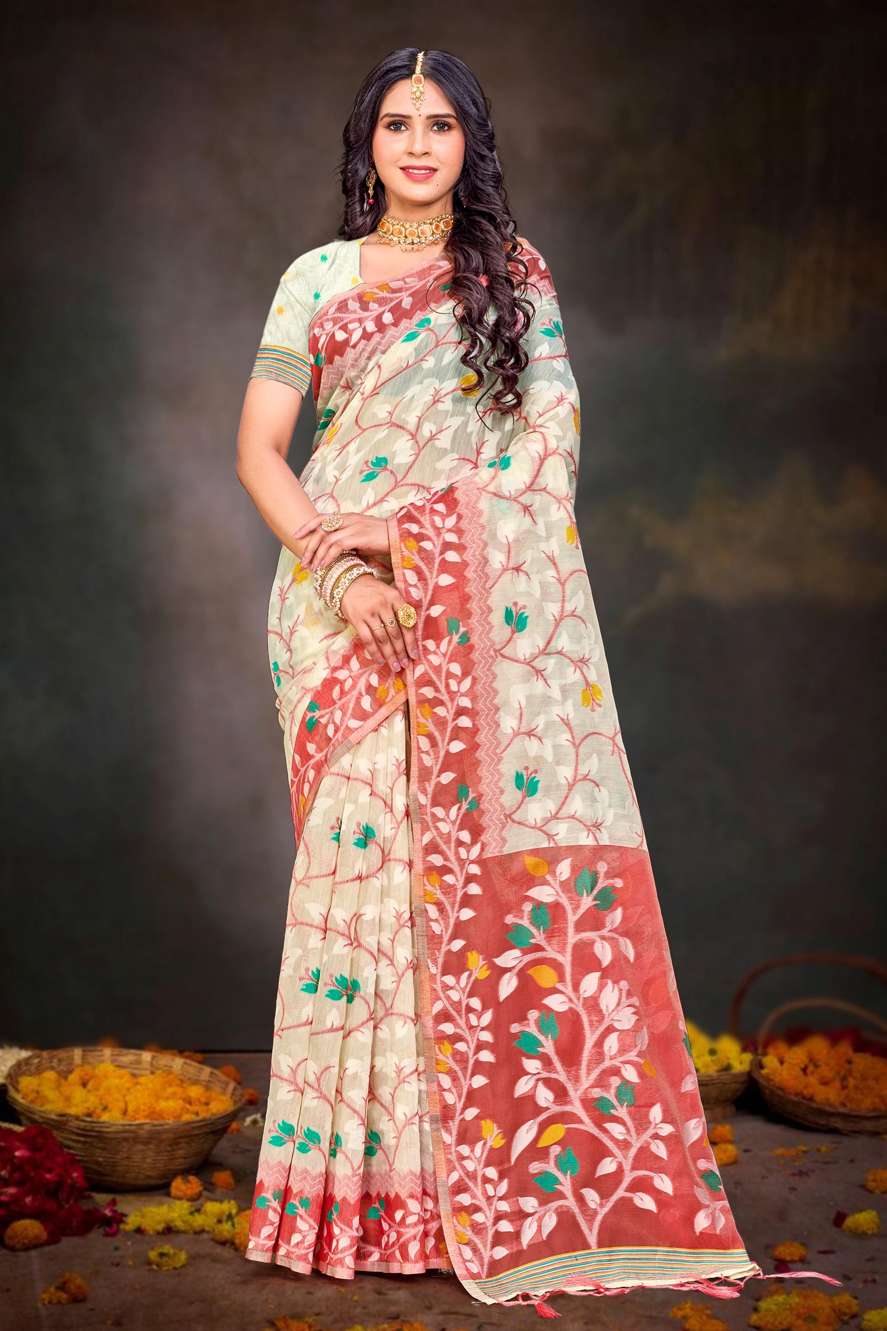 Sangam Prints Red Cotton Blend Woven Work Traditional Saree | Grocsy