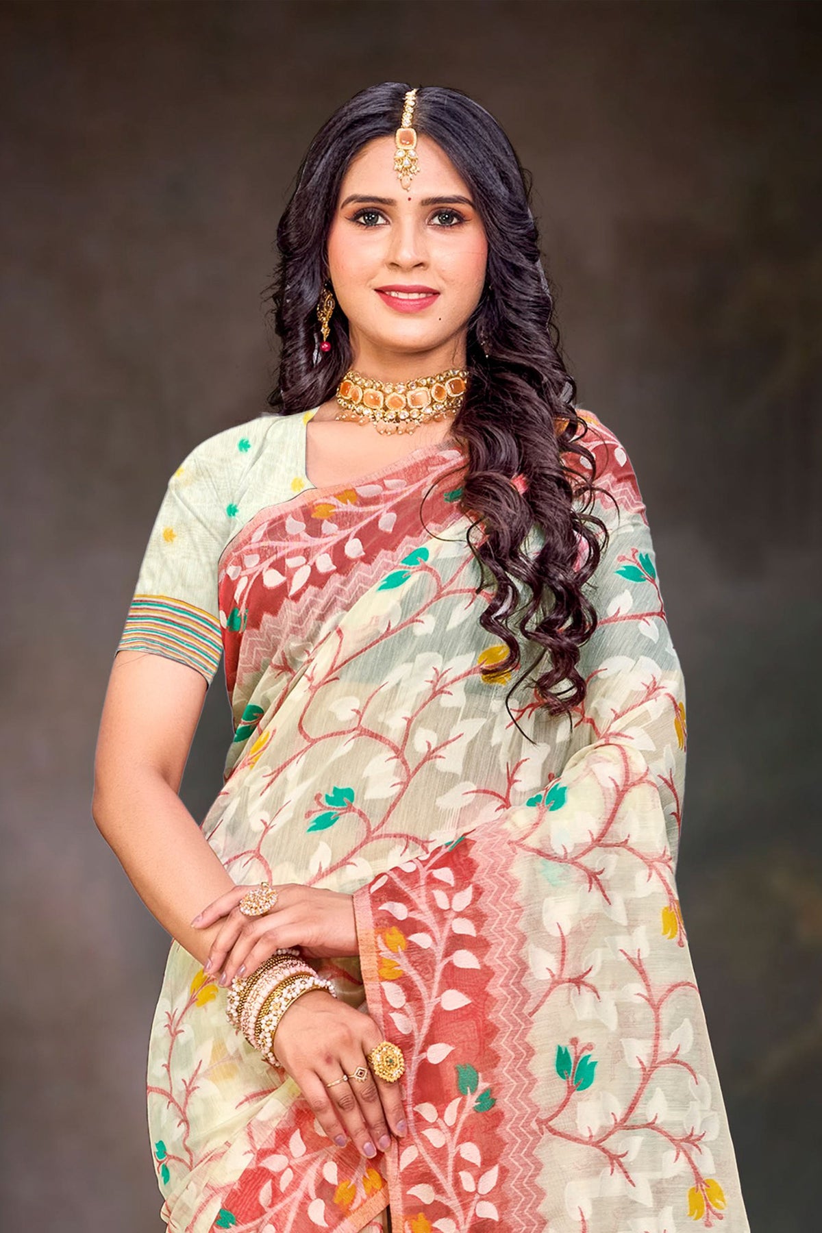 Sangam Prints Red Cotton Blend Woven Work Traditional Saree | Grocsy