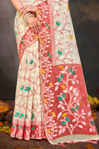 Sangam Prints Red Cotton Blend Woven Work Traditional Saree | Grocsy