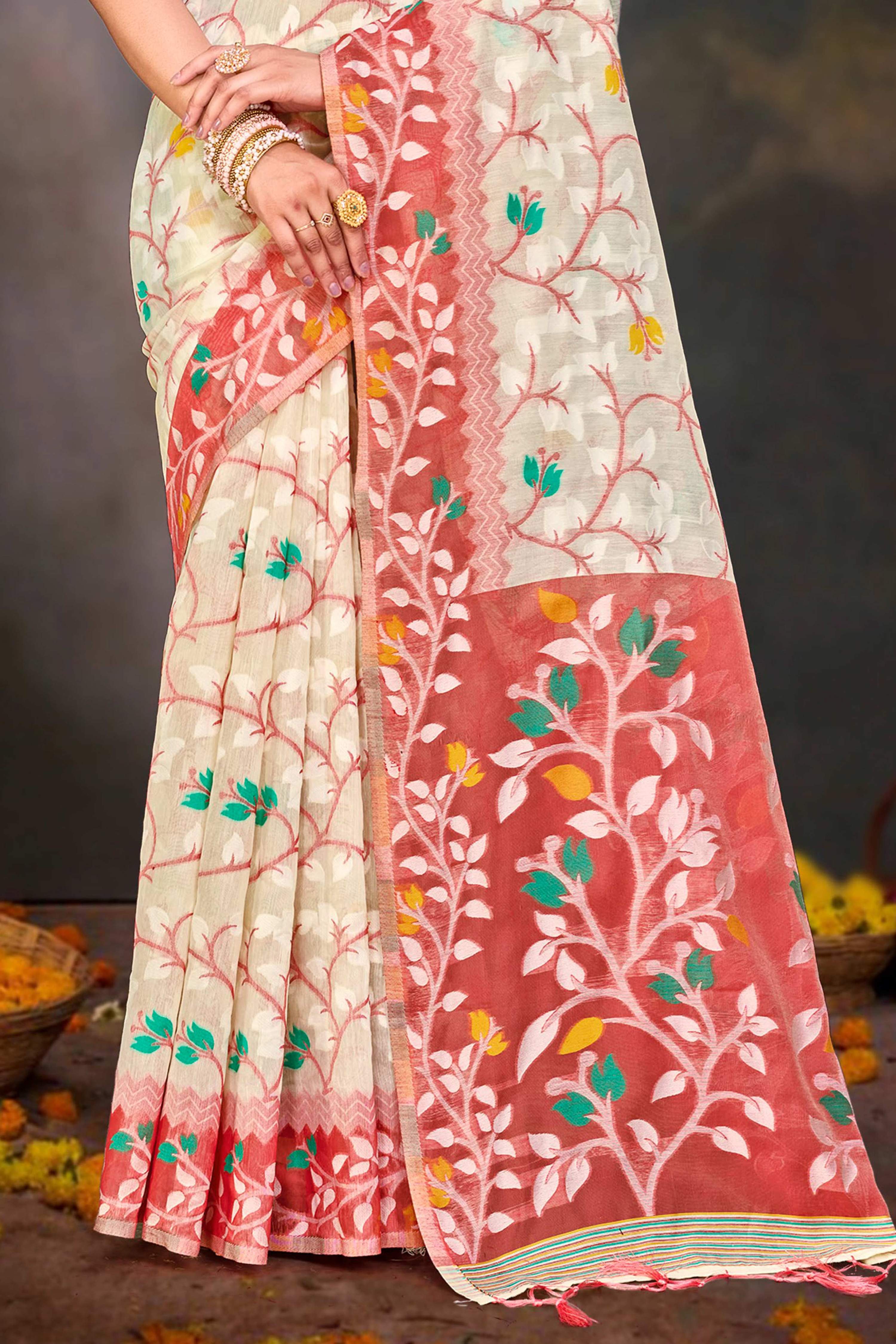 Sangam Prints Red Cotton Blend Woven Work Traditional Saree | Grocsy