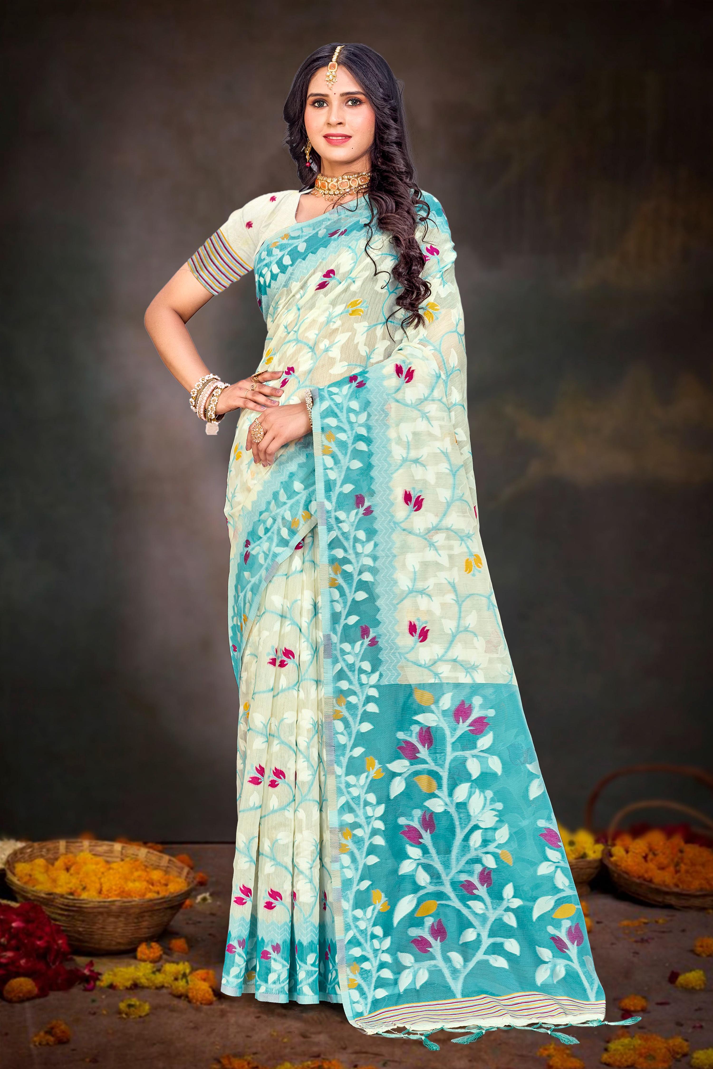 Sangam Prints Sea Green Cotton Blend Woven Work Traditional Saree | Grocsy