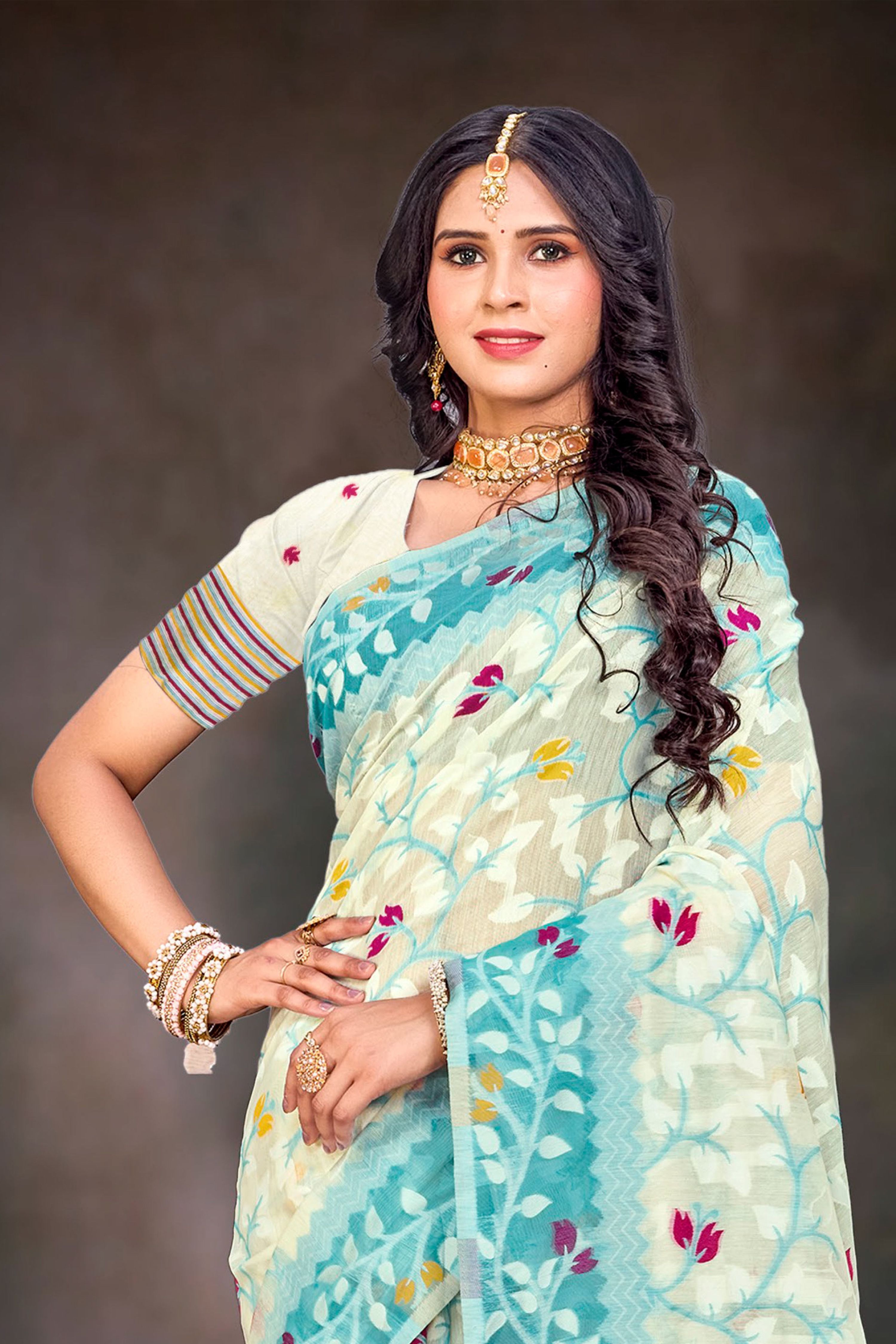Sangam Prints Sea Green Cotton Blend Woven Work Traditional Saree | Grocsy