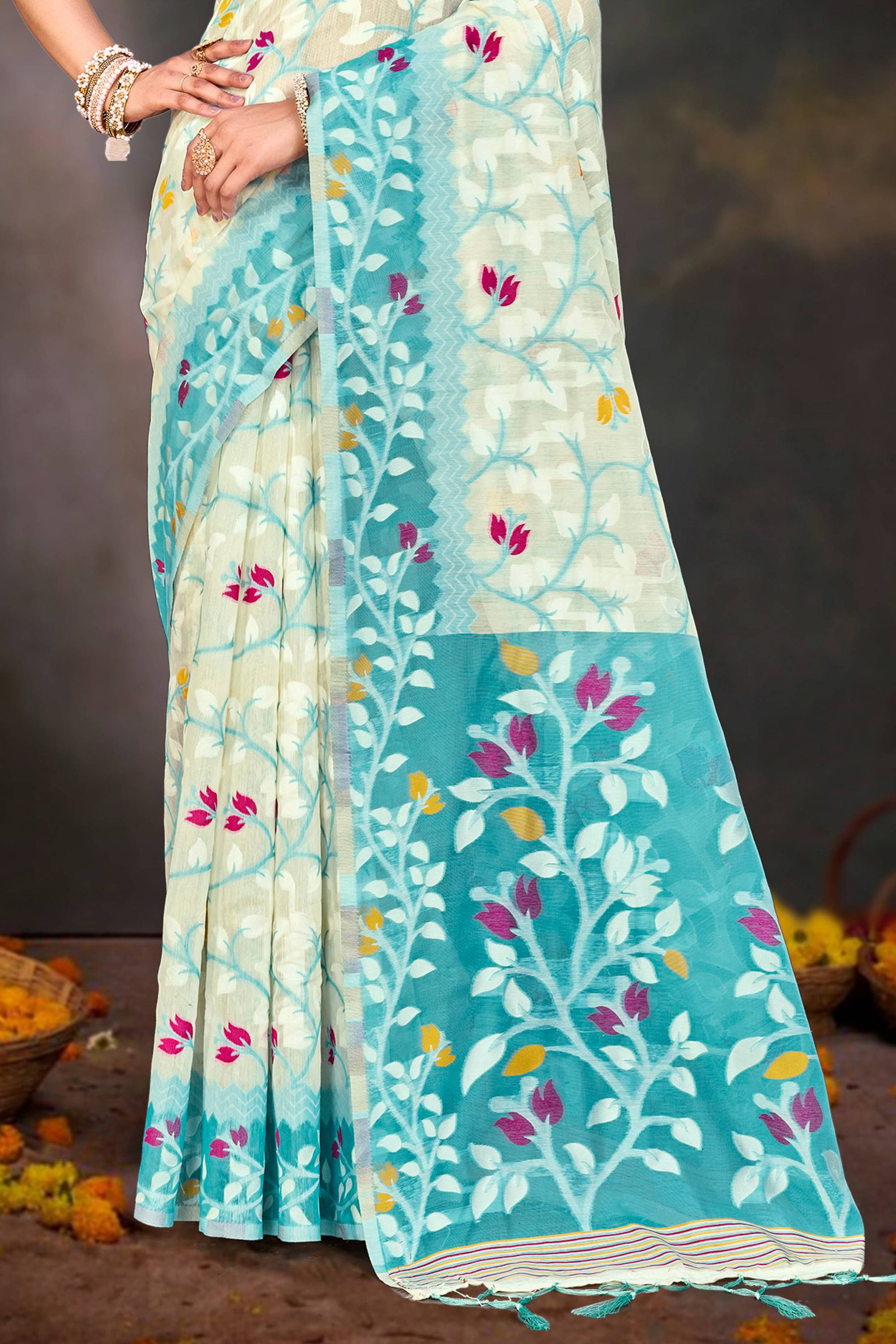 Sangam Prints Sea Green Cotton Blend Woven Work Traditional Saree | Grocsy