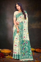 Sangam Prints Mint Green Cotton Blend Woven Work Traditional Saree | Grocsy