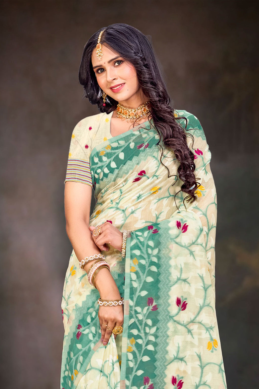 Sangam Prints Mint Green Cotton Blend Woven Work Traditional Saree | Grocsy