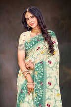 Sangam Prints Mint Green Cotton Blend Woven Work Traditional Saree | Grocsy