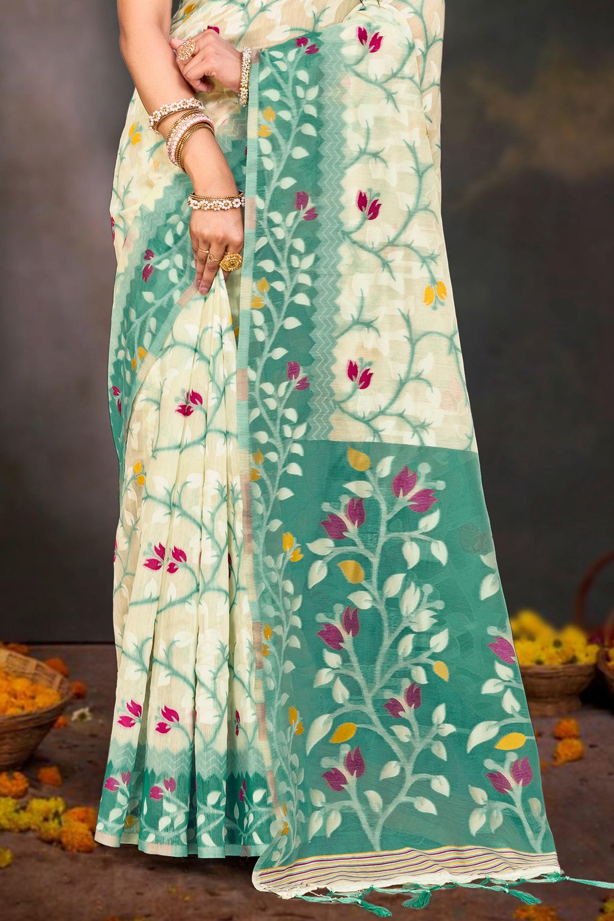 Sangam Prints Mint Green Cotton Blend Woven Work Traditional Saree | Grocsy