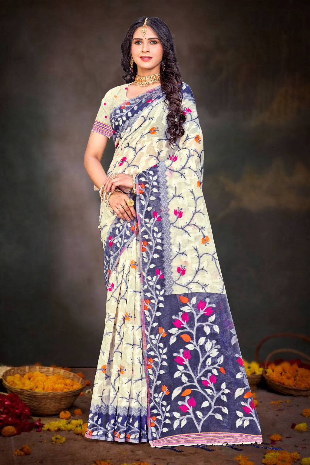 Sangam Prints Violet Cotton Blend Woven Work Traditional Saree | Grocsy